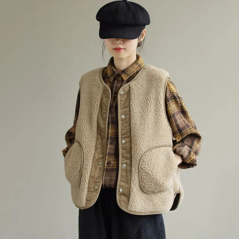 Casual Short Artificial Cashmere Vest Womens Autumn Teddy Waist Coat V-neck Thick Sleeveless Jacket Retro Crown Splicing Chaleco 240828