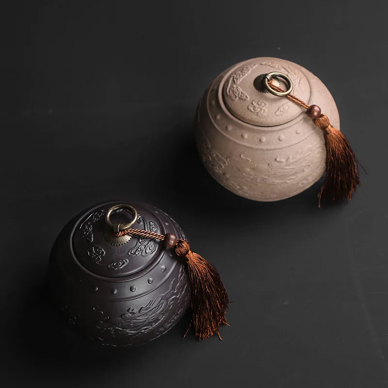 Vintage purple clay tea caddy large circular ceramic storage jar sealed Puer tea box dragon series with tassel tea container jar 240827
