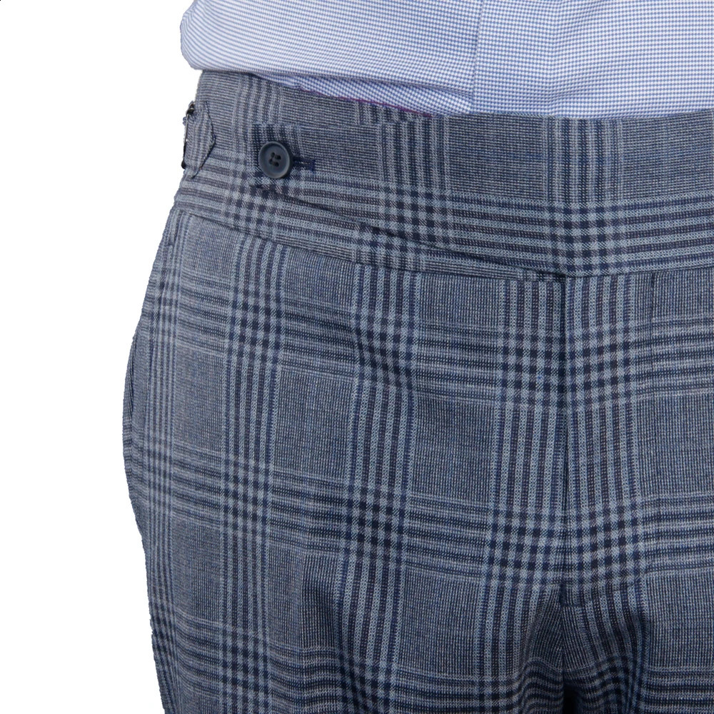 Italian Neapolitan style custom Trouser large elongated label fastening strap thick waistband side adjustable blue grey plain weave tailor 240828