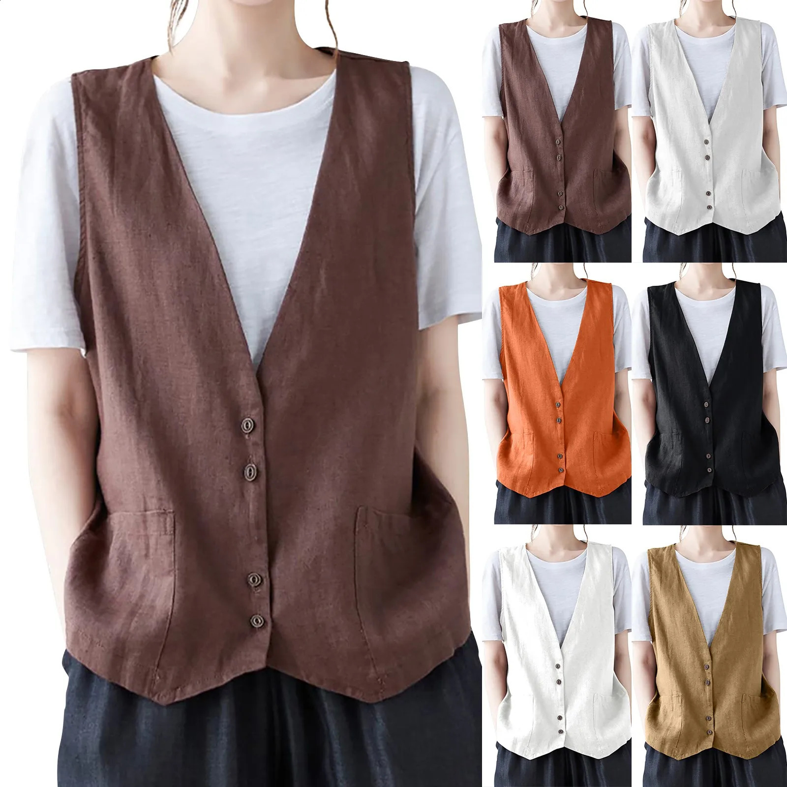 Womens cotton linen vest spring and summer casual button down V-neck waist jacket daily commuting matching fashionable and simple vest 240828