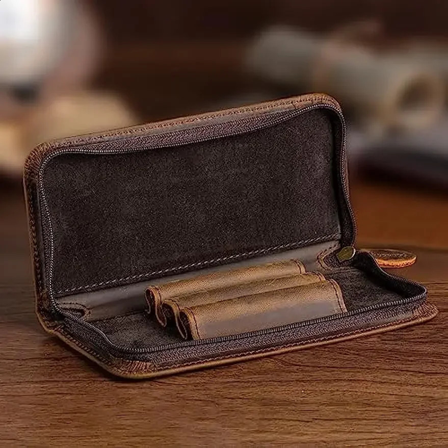 Asvine Vintage Real Leather Fountain Pen Case 3 Divided Slot Zippered Pen Pouch Rollerball Pen Handmade Display Stand 240827 - view 4