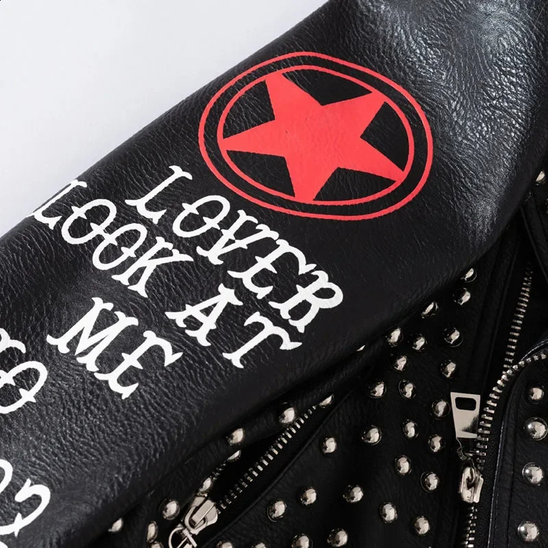 Punk Rivet Black Ultra Thin Motorcycle Leather Jacket for Women Street Clothing Comparison Printed Artificial Leather Cutting Jacket XXXL 240827