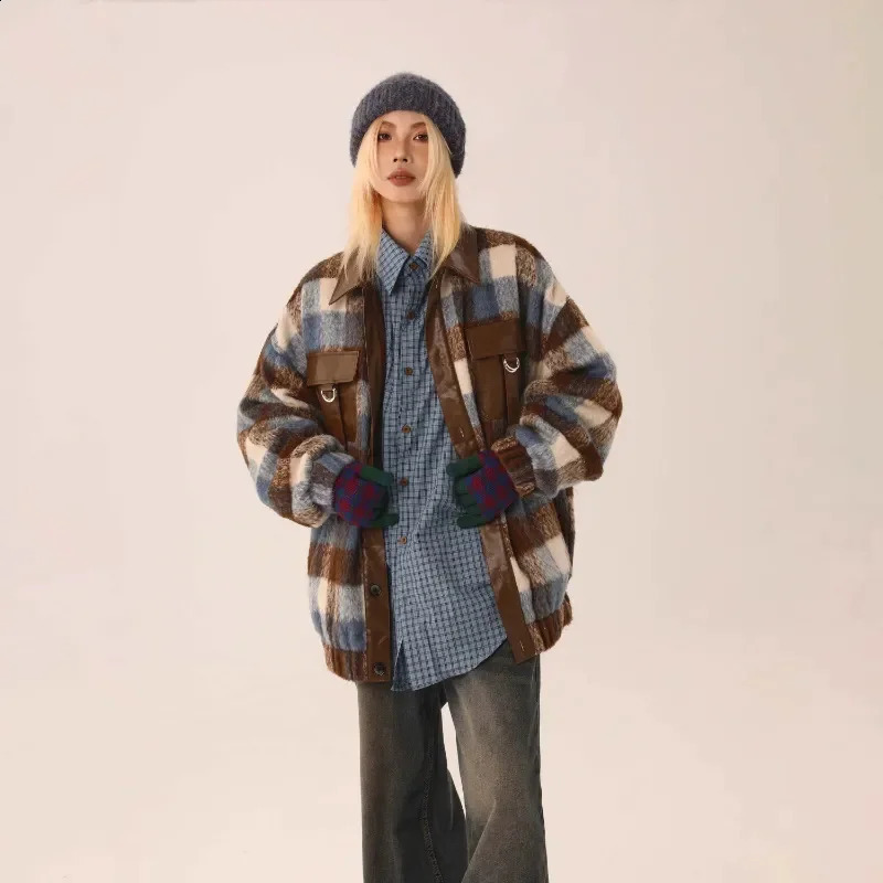 Spring/Summer American Checkered Wool Splicing Leather Jacket Womens Maillard Atmospheric Loose Jacket WS 240827