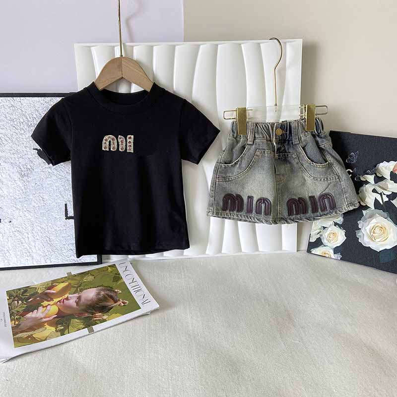2 Piece Skirt Set Girls Denim Skirt Suit Set with Tee - Summer Shorts and Shirt Set for Children y250607P6H6