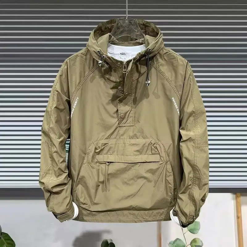 American workwear mens large pocket Raglan hooded jacket half zip zipper sweatshirt windproof casual loose 240827