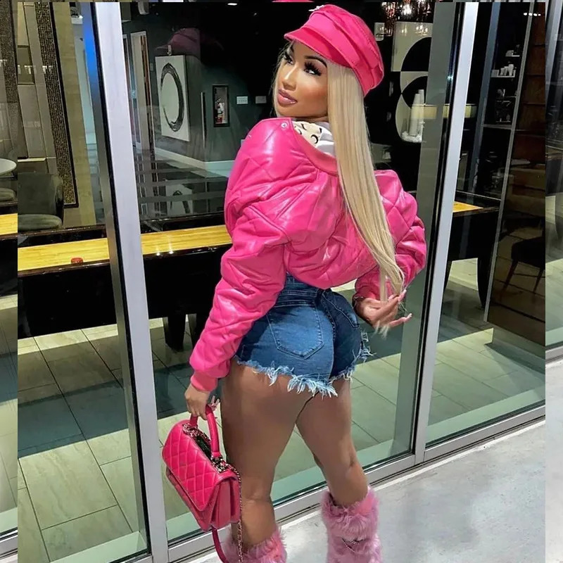 Sweet Women Shiny Pink PU Leather Jacket Coats Windproof Jacket Bright Artificial Leather Short Sleeve Jacket Motorcycle Y2K 90s Street 240827