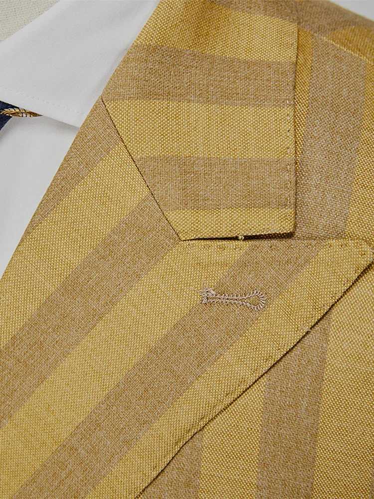 Double breasted mens suit yellow striped casual wedding dress spring/summer autumn Korean ultra-thin style business mens clothing daily wear M240828