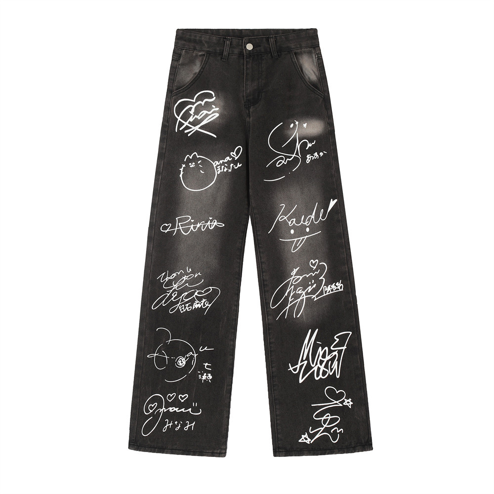 Hip-Hop Graffiti Print Straight Leg Denim Pants Punk Streetwear Men's Exclusive Spray Painted Vintage Design Wide Leg Trousers