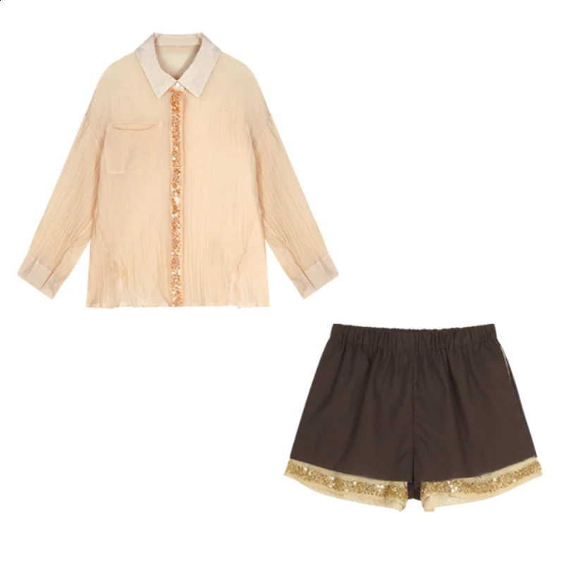 summer polo collar loose casual long sleeved womens set with contrasting patch work shorts two-piece set 240827