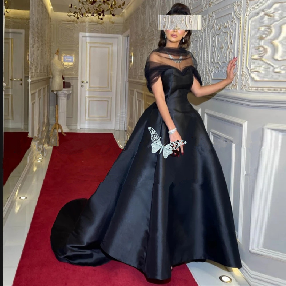 Modern Black Long Dubai Evening Dresses High Neck A Line Satin Tulle Night Prom Party Dress Ball Gowns Vestidos de festa