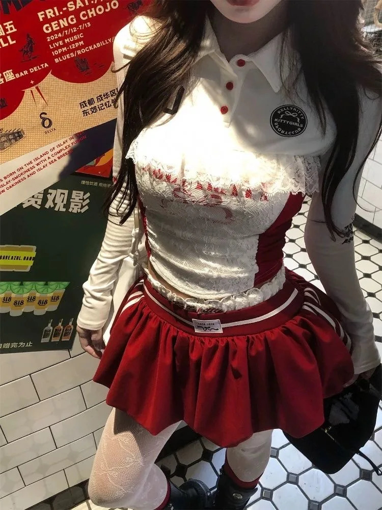 Y2K Girl Style Skiwear Bow Trouser Fashion Sexy Two piece Lace n Street Harajuku Mini Skiing Polo Long Sleeve 240827