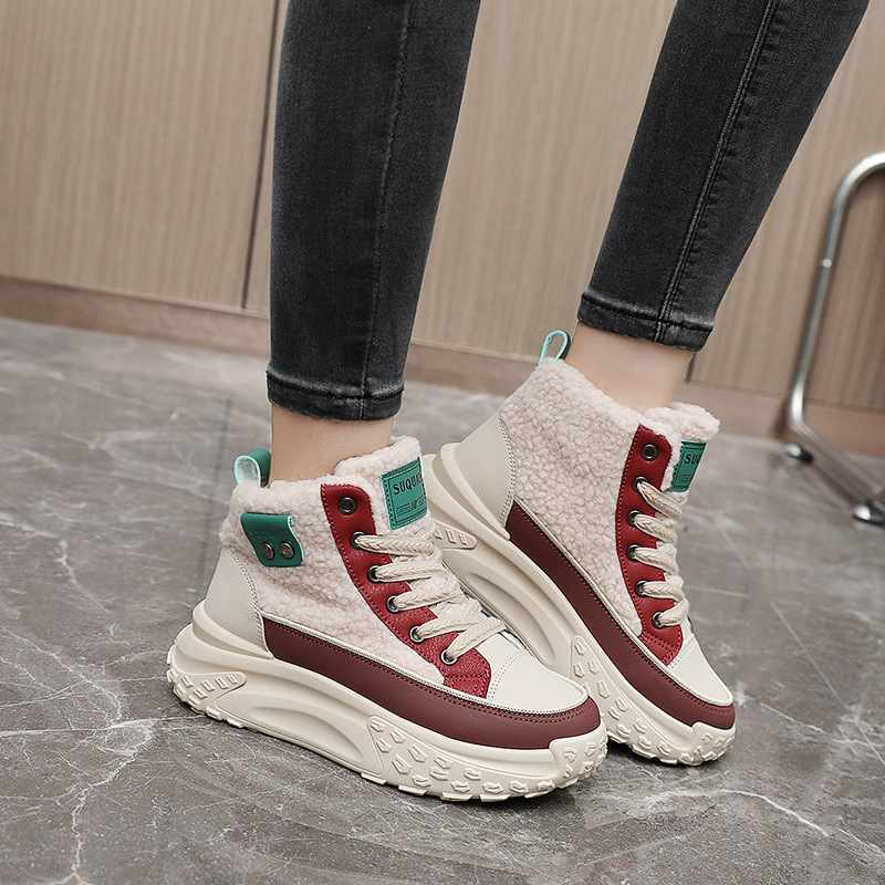 Ddmysports K New Winter Igh Top Women S With Velvet Cotton Shoes Warmth Preservation Lamb Fleece Thick Sole Eightened Korean Edition Instagram For Stu