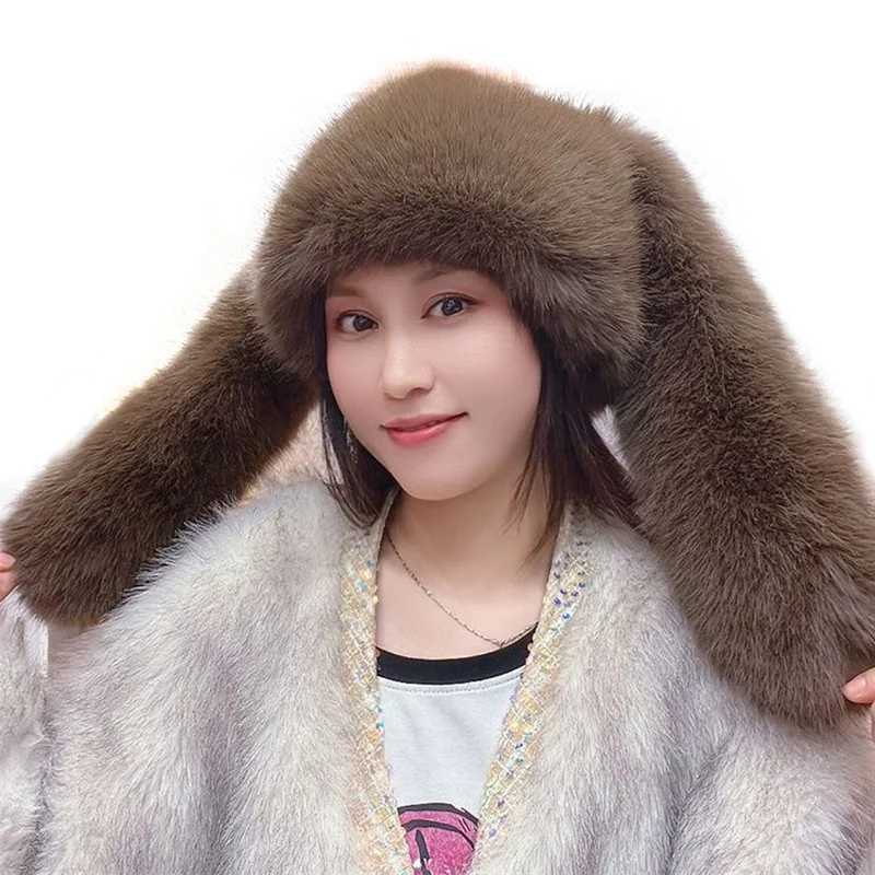 Autumn and Winter Women Stay Warm Artificial Fox Fur Long Eared Potted Hat Womens Fashion Leisure Party Music Festival Thick Fighting Hat W240827