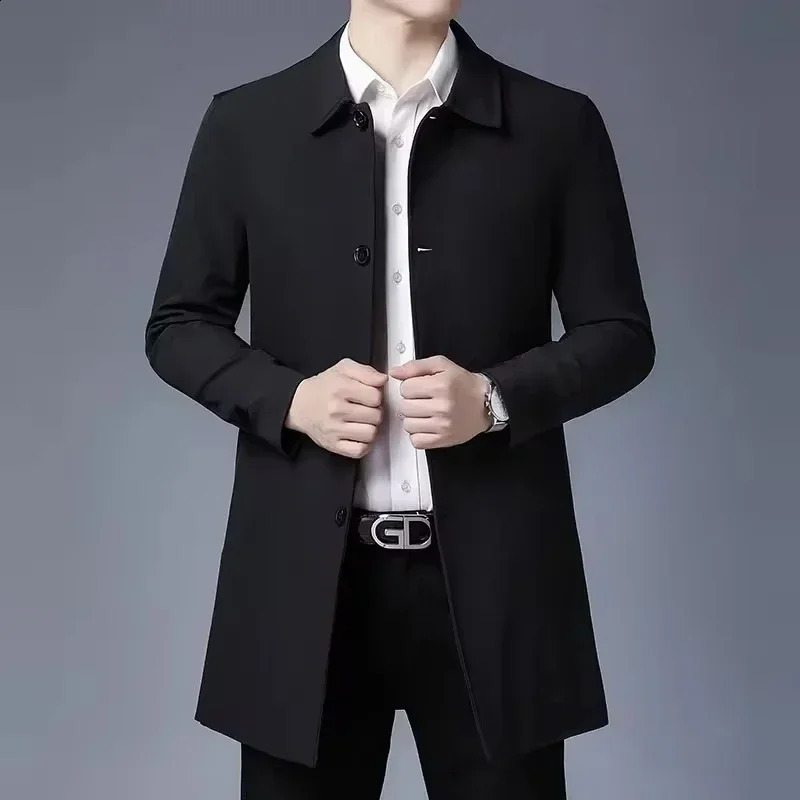 Brown Business Casual Trench Jacket Mens Collar Solid Color Long Fashion Windproof Clothing 240827