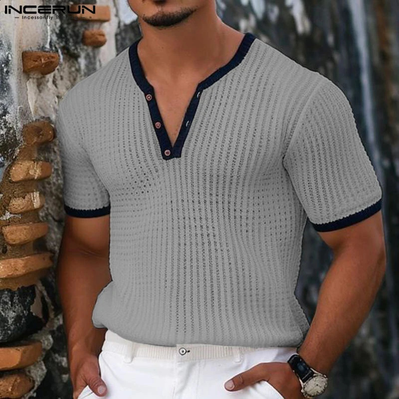 INCERUN Men T Shirt Patchwork V Neck Short Sleeve Summer Fitness Fashion Men Clothing Streetwear 2024 Casual Camsietas S-3XL 240828