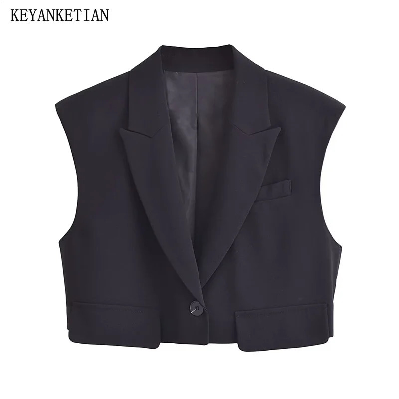 KEYANKETIAN Womens Black Short Waist Coat Spring Neutral Edition Flip Pocket Single Button Fashion Crop Tank Top 240828