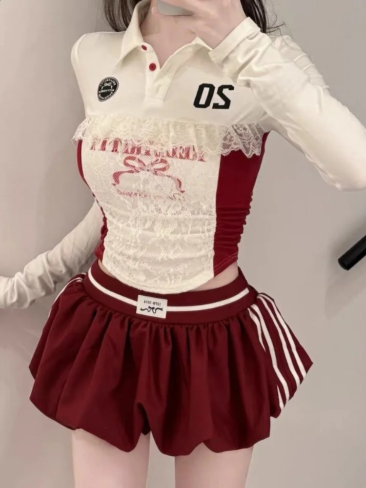 Y2K Girl Style Skiwear Bow Trouser Fashion Sexy Two piece Lace n Street Harajuku Mini Skiing Polo Long Sleeve 240827