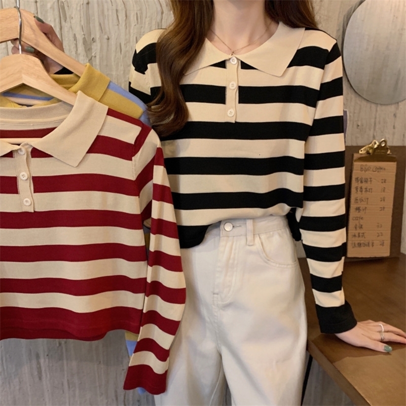 Striped Womens Knitted Polo T-shirt Long Sleeve Young Elegant Style High Quality Fashion Knitted Top Classic Blue 240827