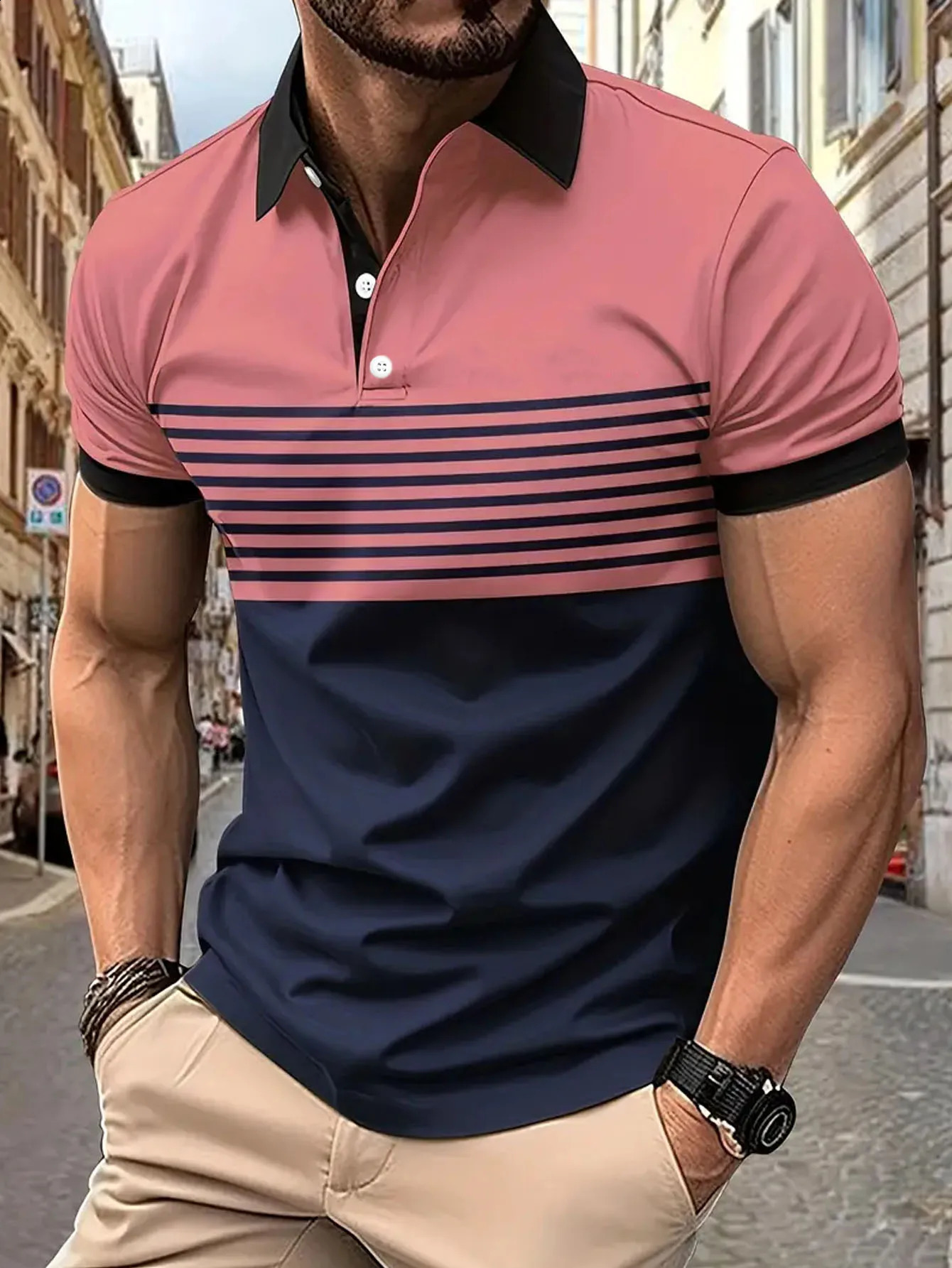 Striped mens casual color short sleeved polo shirt summer golf European measurement 240828