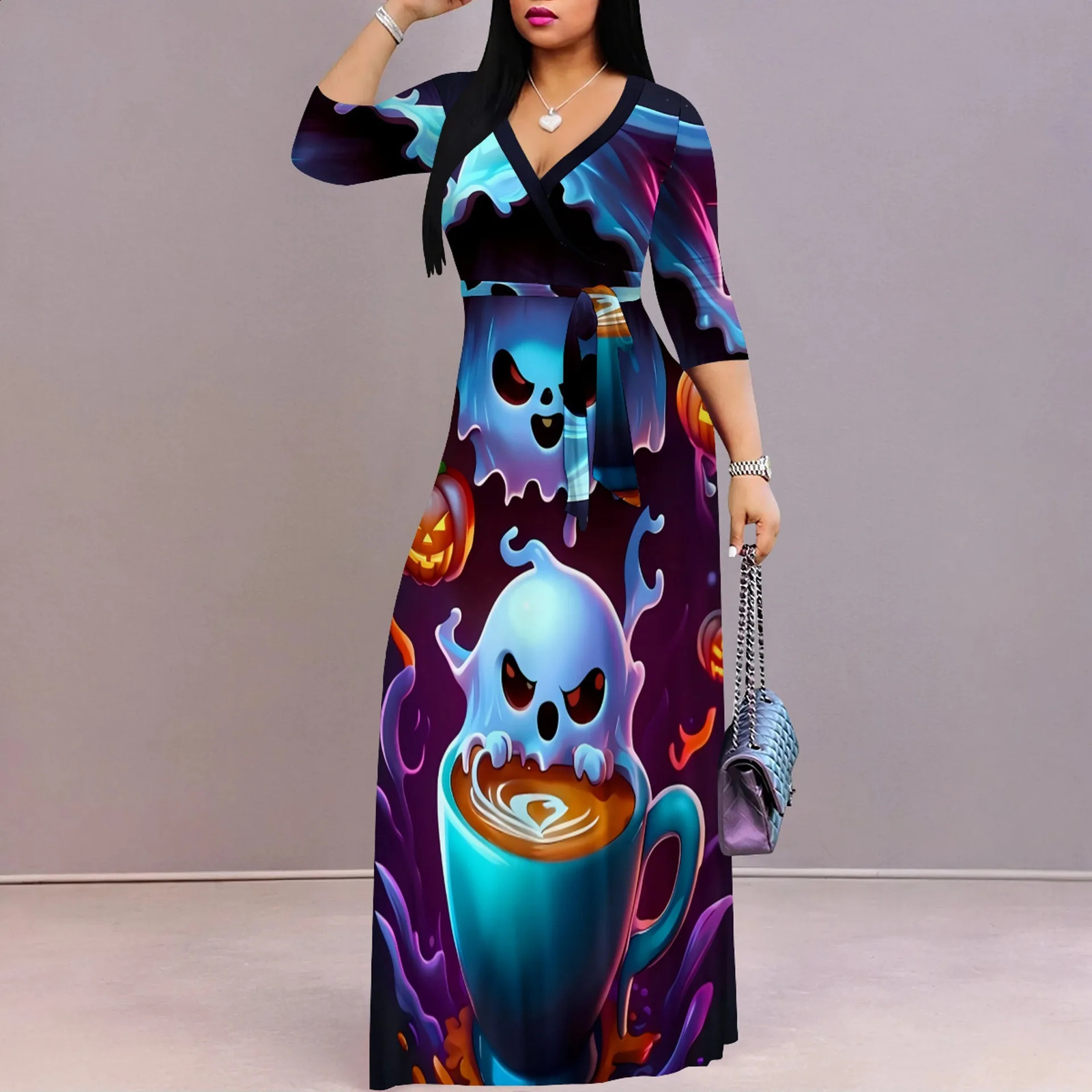 Ladies Halloween party elements printed long sleeved V-neck high waisted long skirt autumn city fashion stunning dress 240827