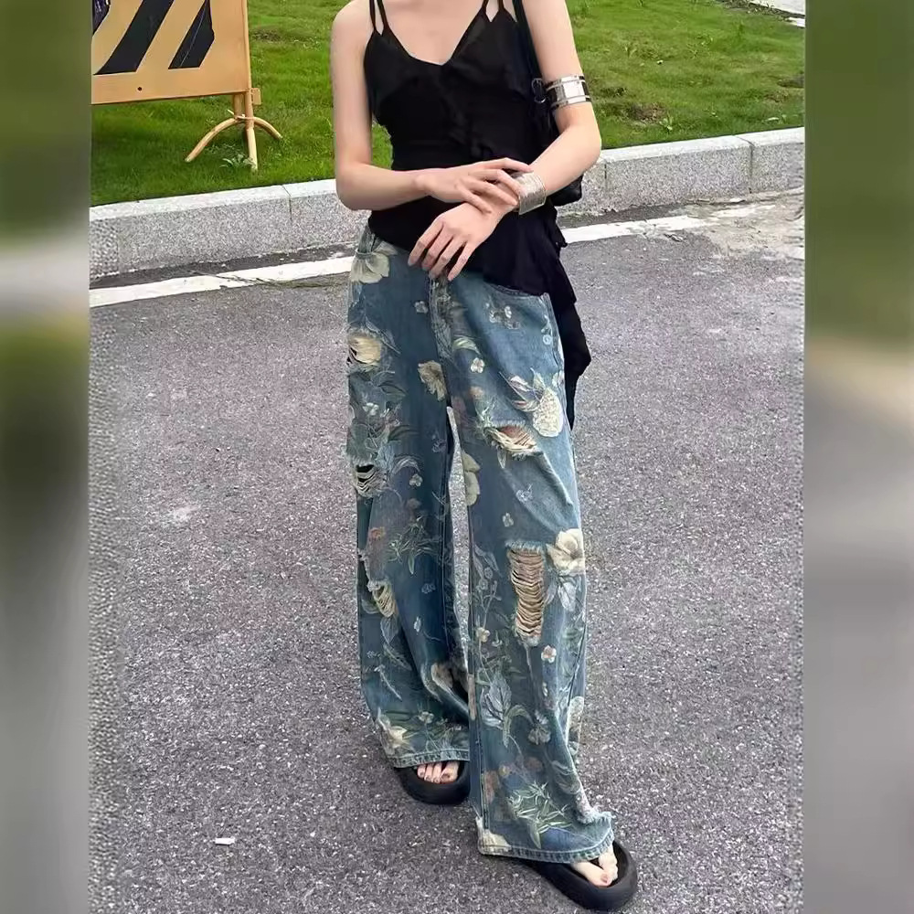 American Vintage Floral Graffiti Print Distressed Jeans for Women Summer Design High Waist Loose Straight Leg Wide Leg Floor-Length Pants