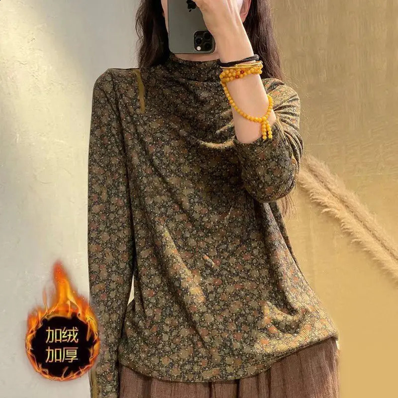 Autumn Womens Elegant Half Collar Flower Bottom Shirt Comfortable Casual Long Sleeve Tshirt 240827