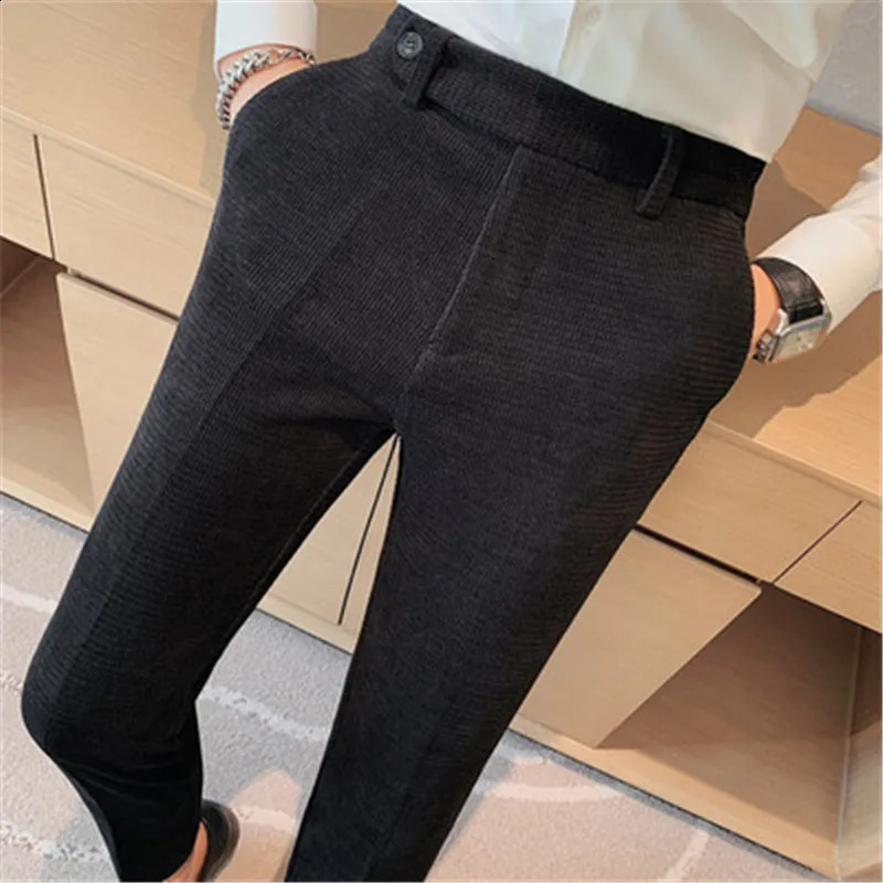 Corduroy set pants chic Neapolitan waist British style mens business social dress pants mens Trouser Pantalones Hombre clothing 240828