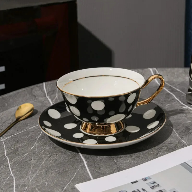 European style black and white polka dot gold-plated bone Chinese coffee cup -200ml lightweight afternoon tea cup used for coffee 240827