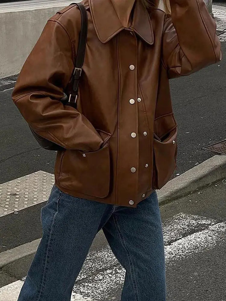 Retro leather jacket womens fashionable lapel single chest pocket loose womens jacket autumn full matching womens jacket 240827