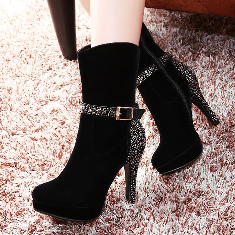 Large size 33-41 womens sexy high heels Gothic warm short boots autumn and winter shoes corner toe platform knight boots F315 240827