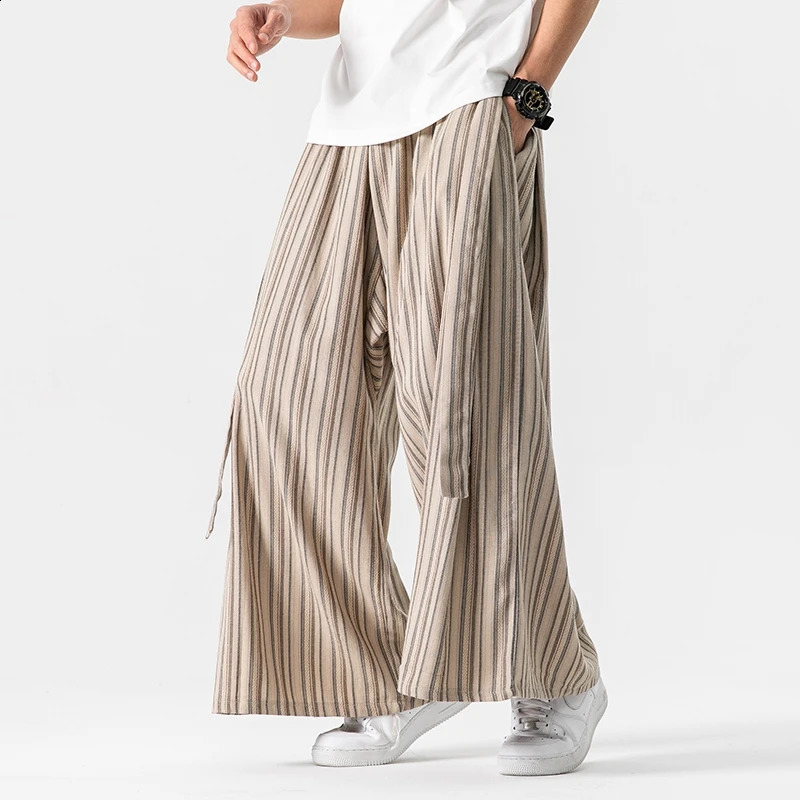 Striped wide leg pants mens Japanese style cotton linen retro fashion loose casual Nepalese robe Haori jogger Trouser 240827