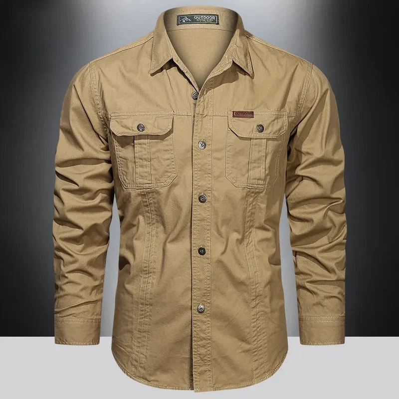 Autumn Military Style Cotton Pocket Shirt for Men Solid Color Slim Casual Clothing Men Long Sleeve Shirts 5XL 240827