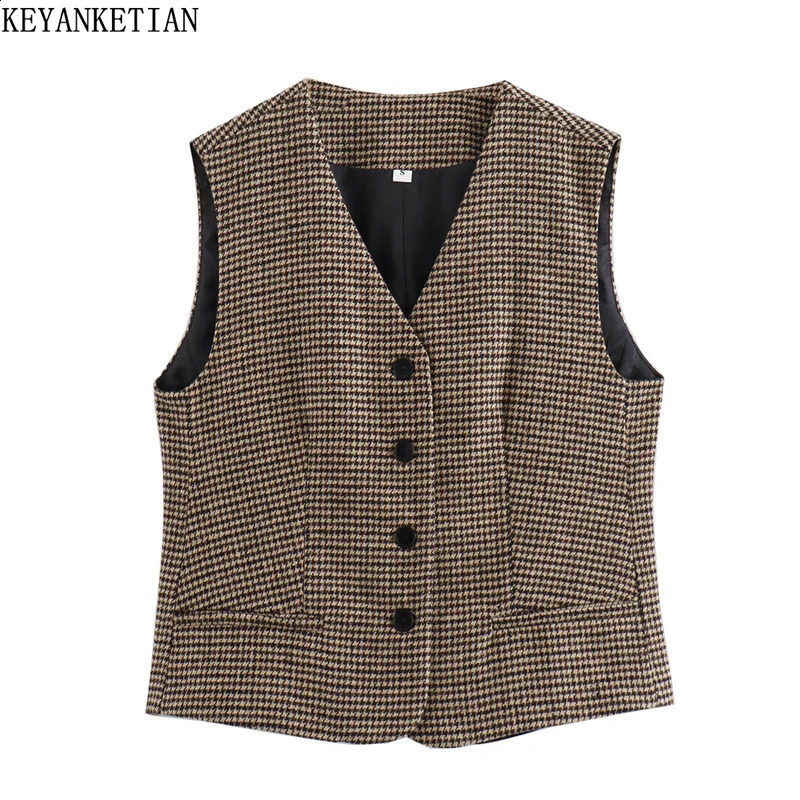 KEYANKETIAN womens hunting dog wool vest autumn retro style single chest V-neck ultra-thin short vest 240828