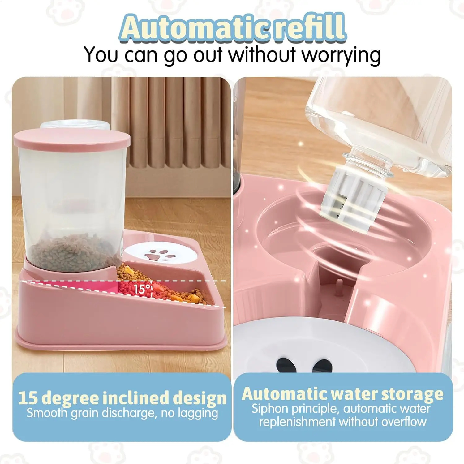 Automatic Cat Feeder Water Dispenser Set 2 In 1 Tilted Automatic Pet Food And Water Feeder Gravity Food Feeder and Waterer 240828