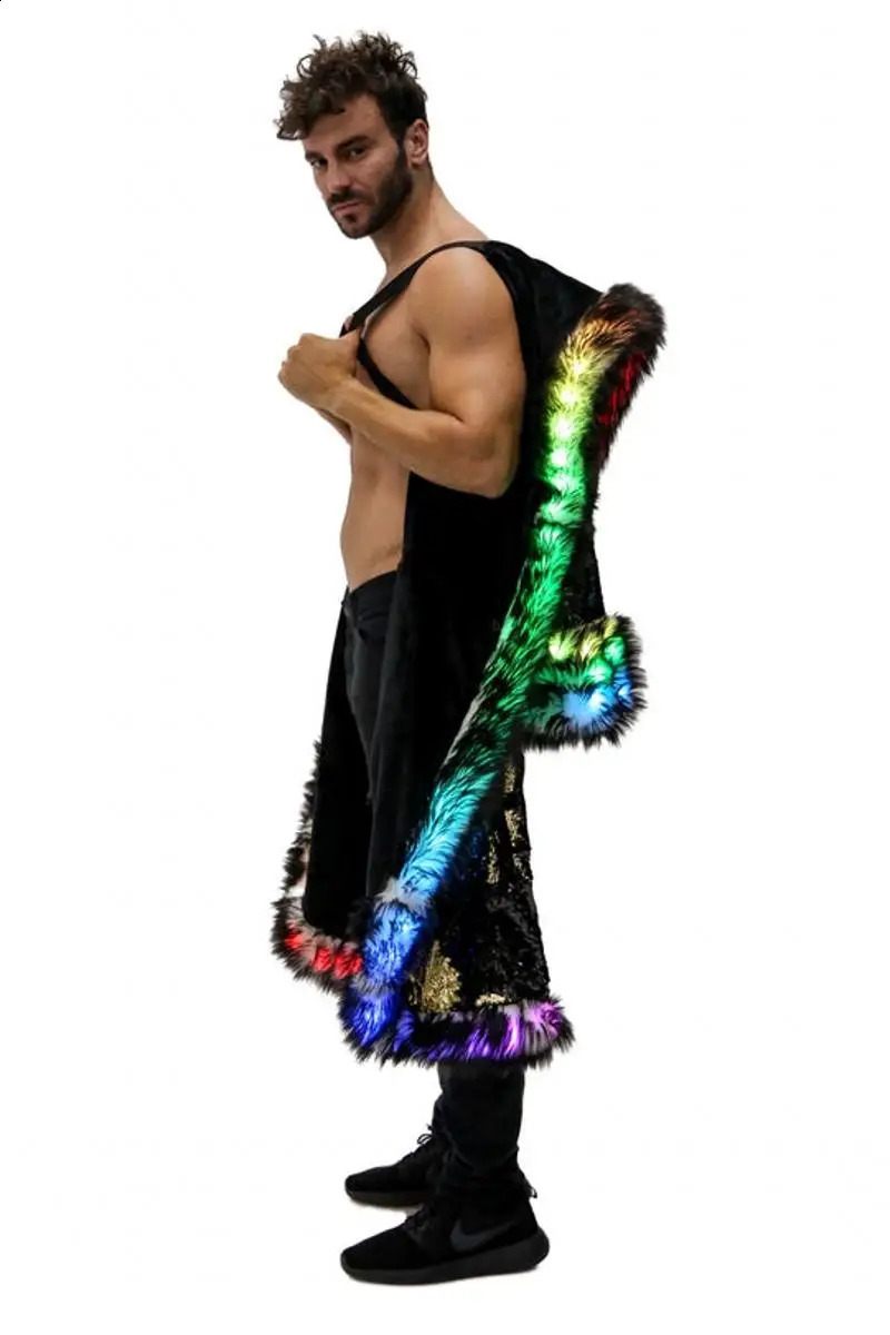 LED Costume Faux Fur Coat Long Hooded Flash Clothes Burning Man Clothing Mens 240828
