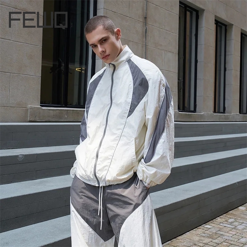 FEWQ patch workwear sportswear fashion jacket pants contrasting color long sleeved zipper mens summer casual 24E1155 240827