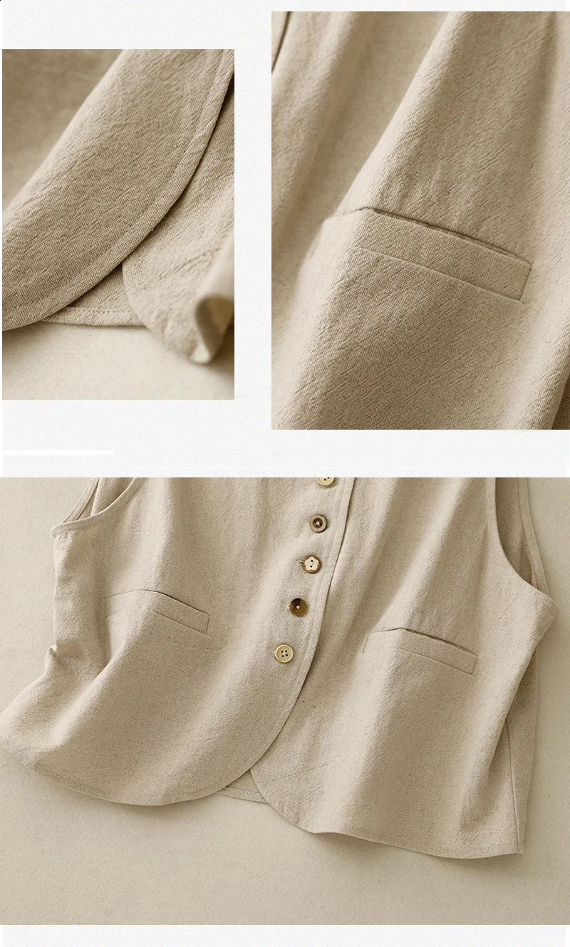 Cotton linen sleeveless solid color shirt jacket for womens spring and autumn literature loose plus size temperature circle 240828
