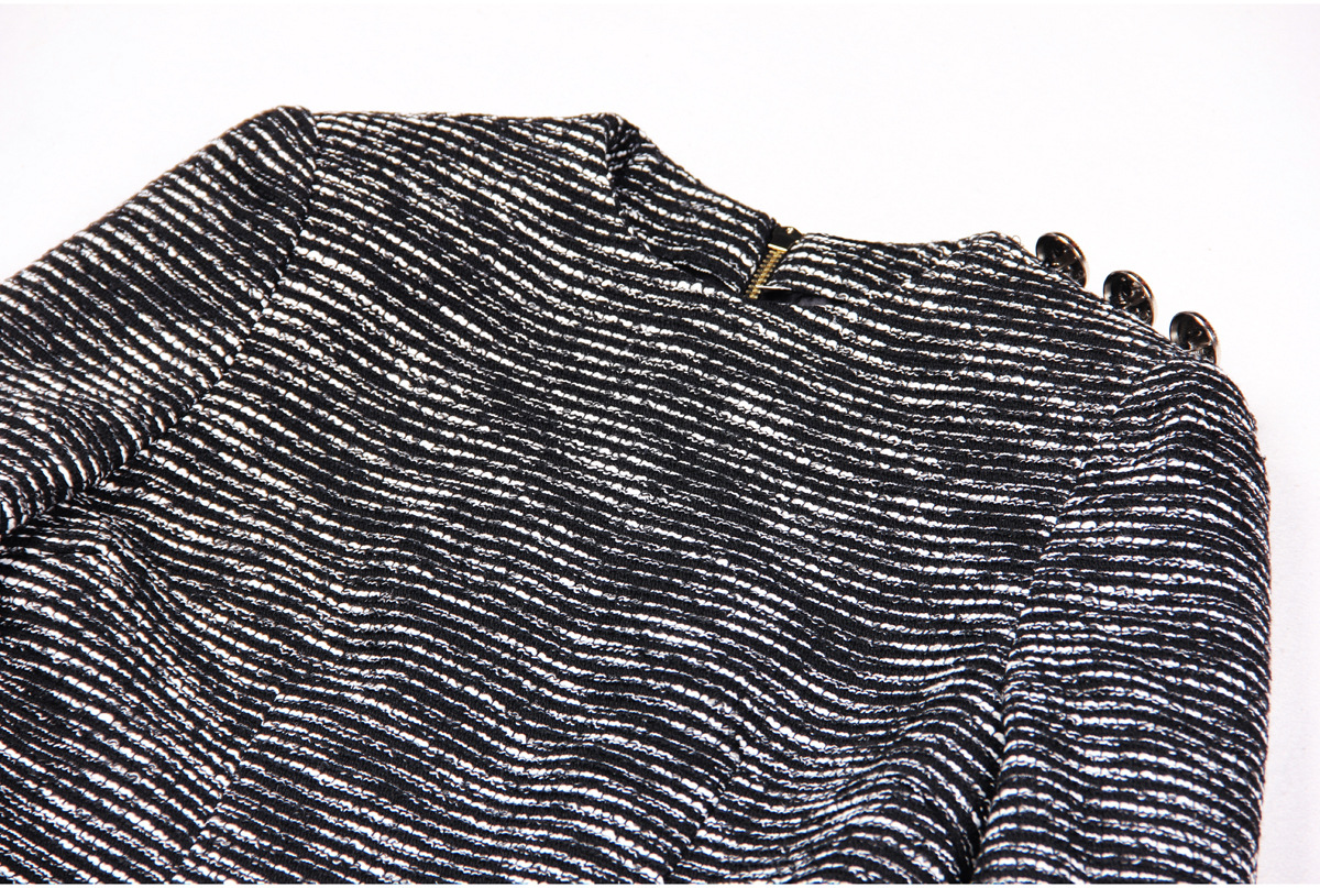 2023 Summer Black Tweed Glitter Tassel Dress Long Sleeve Round Neck Knee-Length Buttons Casual Dresses D3A09