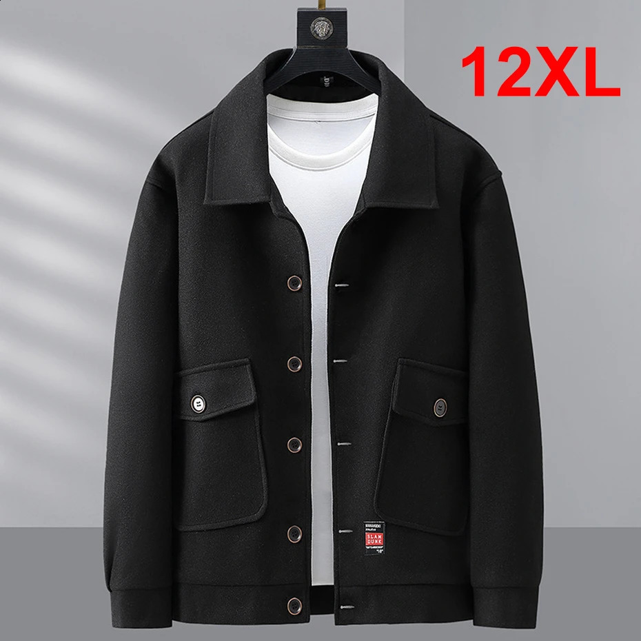 Black wool coat mens plus size 10XL 12XL jacket autumn winter button 240827