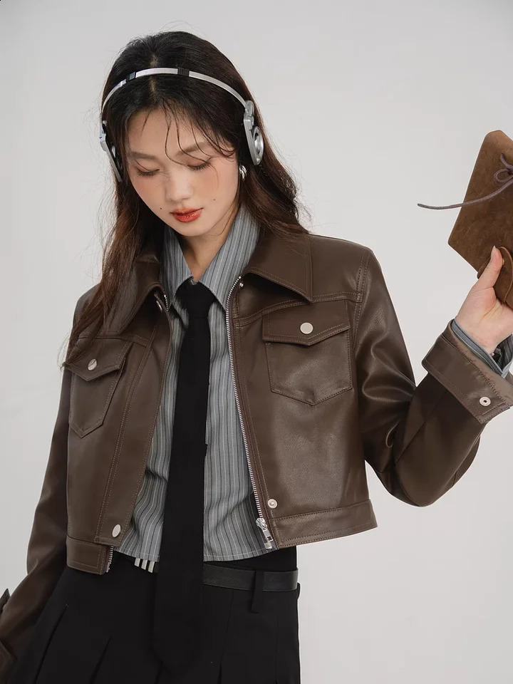 American retro sweet and style coffee colored womens leather jacket autumn n feeling short motorcycle jacket top 240827