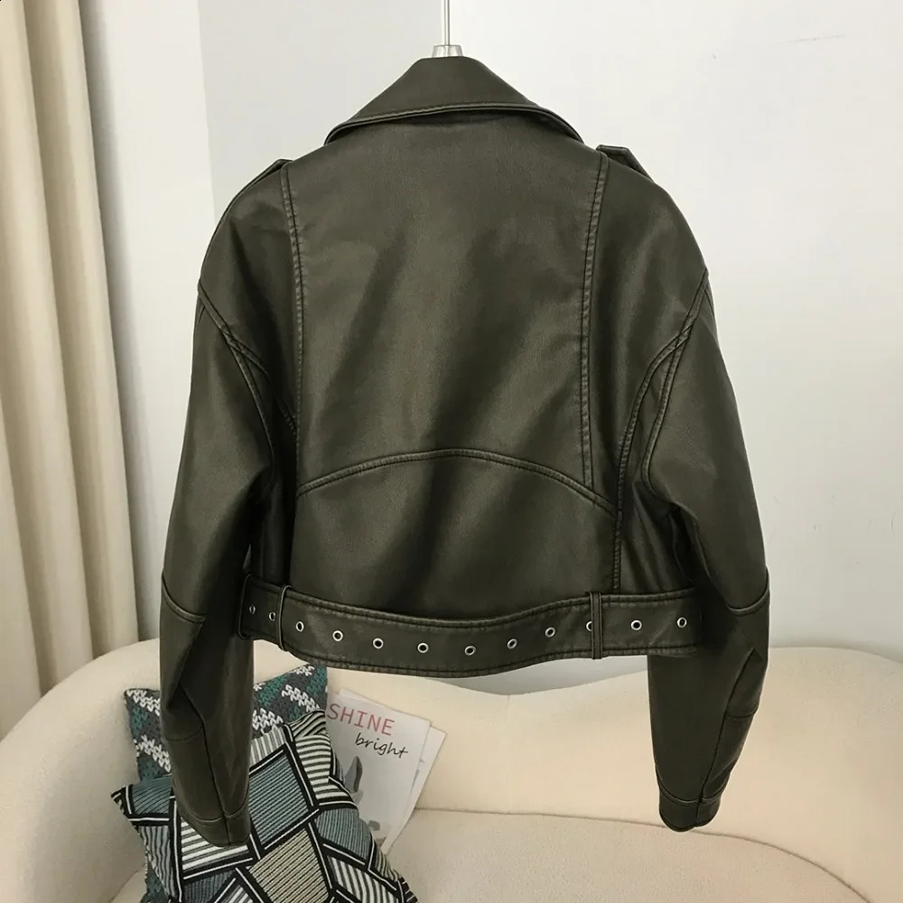Pu artificial leather jacket womens fashion retro American Spring Street dress short lapel zipper with bicycle jacket fashion street clothing 240827