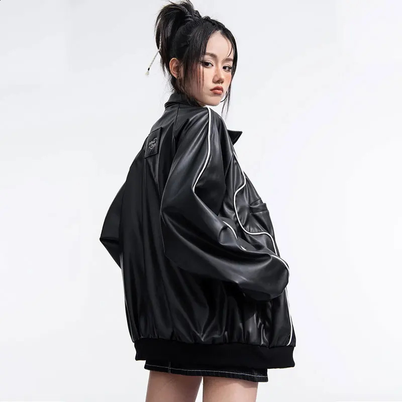 Black leather bomber jacket streetwear motorcycle Pu baseball jacket loose casual zipper cardigan top unisex hip-hop jacket 240827