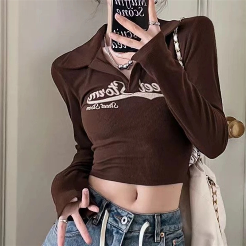 Vintage long sleeved T-shirt Y2k top ultra-thin polo shirt womens shirt aesthetic T-shirt street clothing Korean fashion sexy 240827