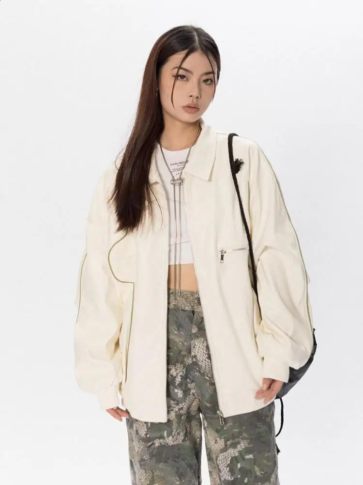 Tawaaiw Zipper Spring Autumn Pu Leather Jacket Womens Loose Jacket Womens Neutral Street Motorcycle Jacket Oversized Y2k 240827