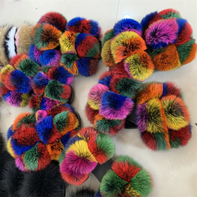Fur slider factory supplies mixed color Pom six ball fox fur multi-color fluffy fur slider 240827