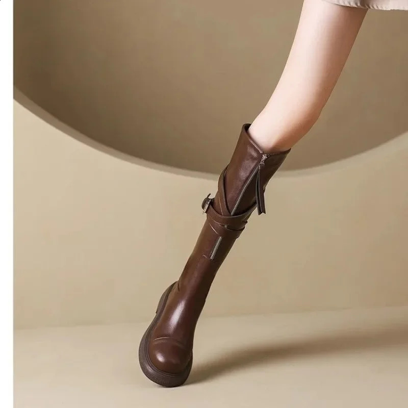 Womens Shoes High Quality Zip Womens Boots Fashion Belt Buckle Modern Boots Women Round Toe Knee-High Boots 240826