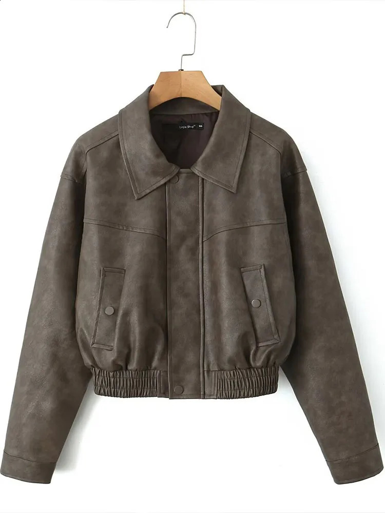 American retro style elastic waist lapel long sleeved fashionable warm jacket leather jacket 240827