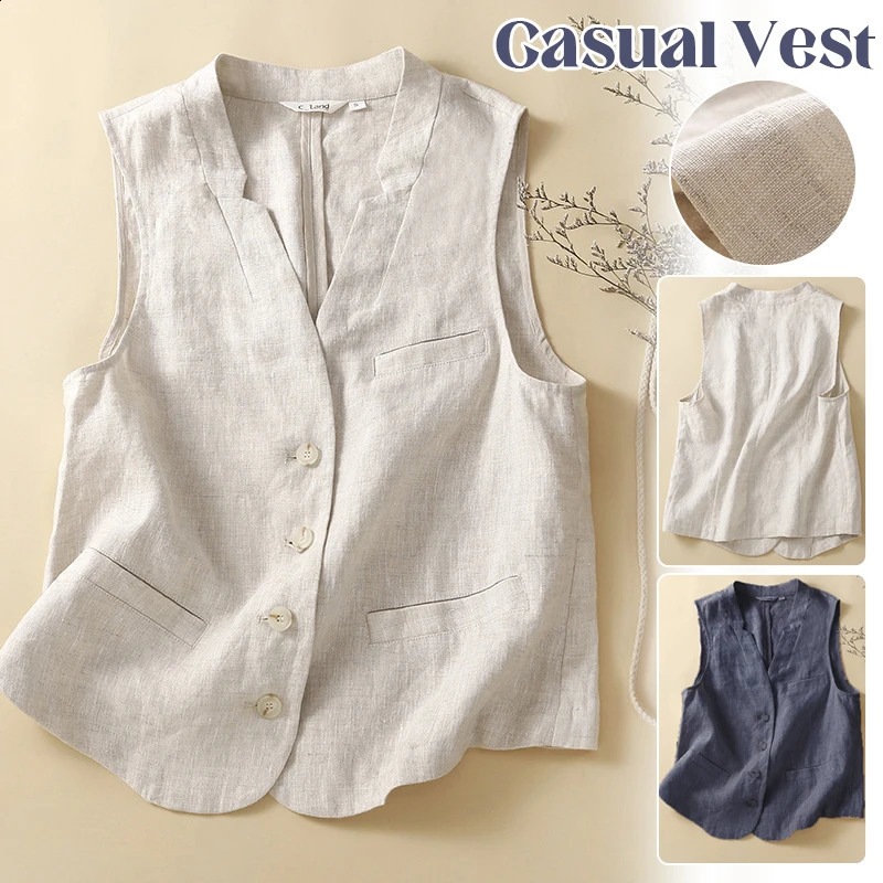Womens Literature Retro Cotton Linen Vest Sleeveless Jacket Street Clothing Button Hemp V-neck Waist Elegant Casual Coat 240828