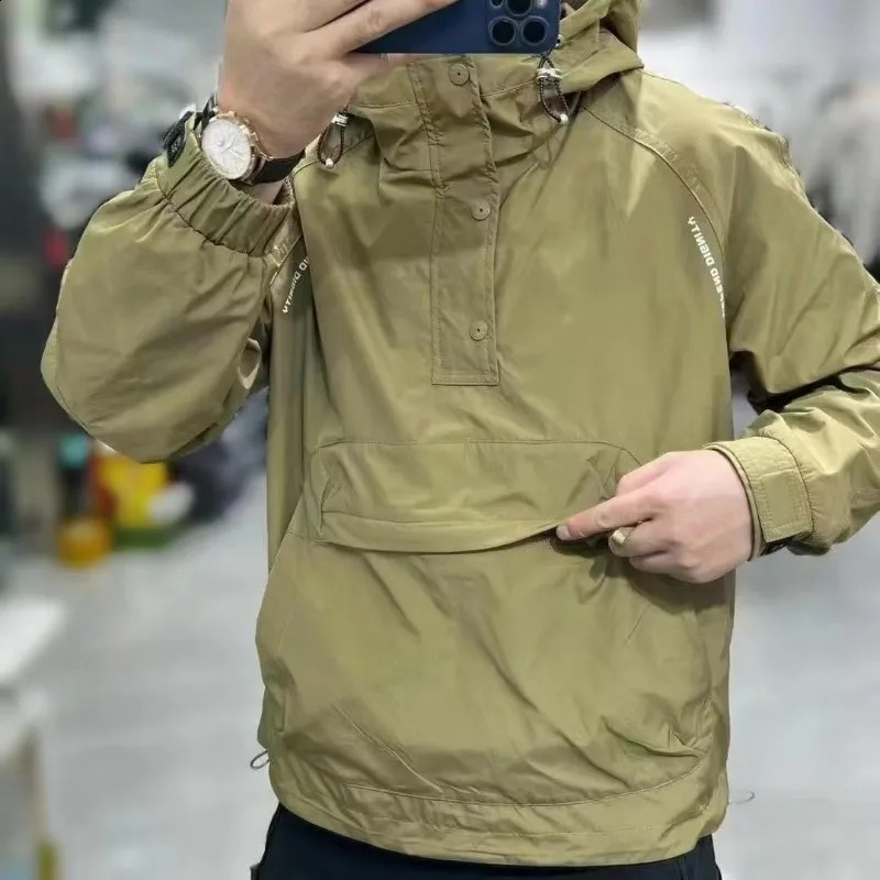 American workwear mens large pocket Raglan hooded jacket half zip zipper sweatshirt windproof casual loose 240827