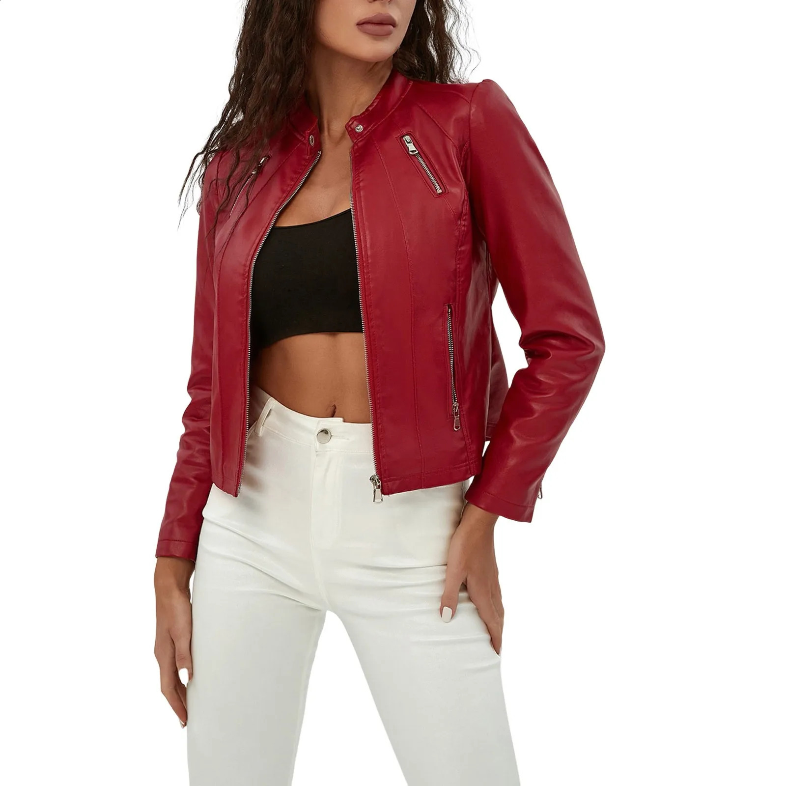 Leather jacket womens autumn spring red black bicycle jacket womens bomber jacket womens short ultra-thin PU leather jacket 240827